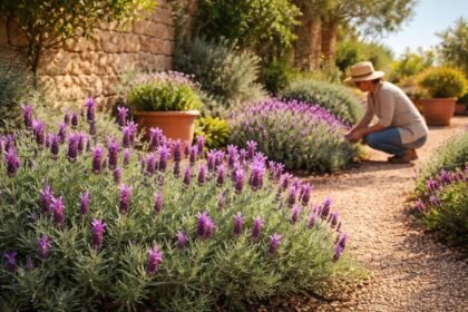 Schopflavendel Lavandula stoechas im Beet, sonnig, duftend, mit farbigen Schopfblüten.