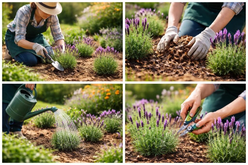 Schopflavendel mit lila Blütenständen, sonnigem Beet, Gartenpfad, Sommerlicht, Steine und Wiesenpfad.
