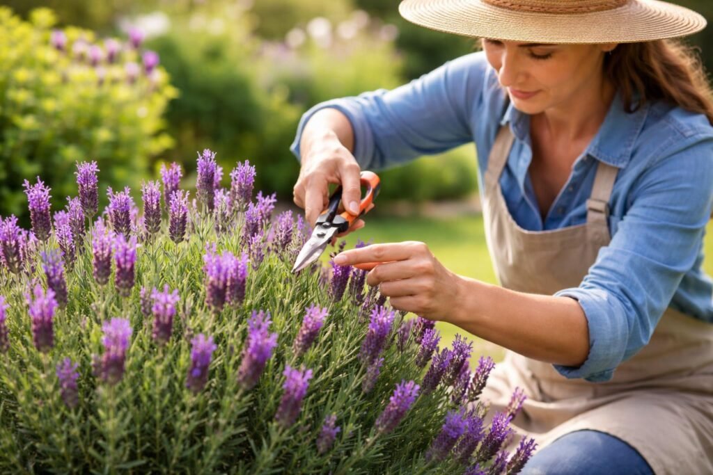 - Schopflavendel beim Schnitt: Gerätschaften bereit, Handschuhe an, Triebe kontrolliert kürzen