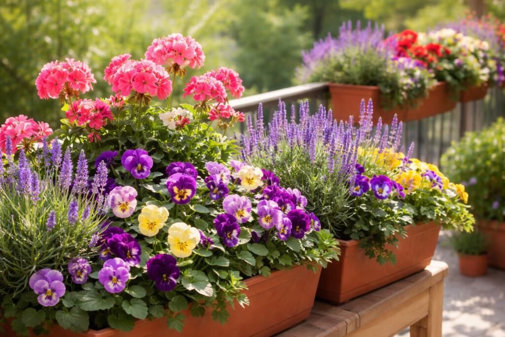Balkonkästen zeigen blühende Blumen, sorgfältig ausgewählt und harmonisch kombiniert, erfrischend bunt.