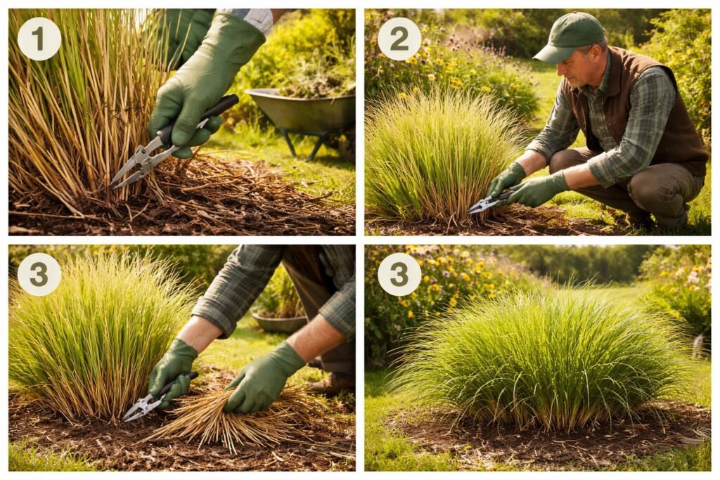 - Klar verständliche Schritt-für-Schritt-Anleitung, wann und wie Lampenputzergras richtig schneiden, im Garten.