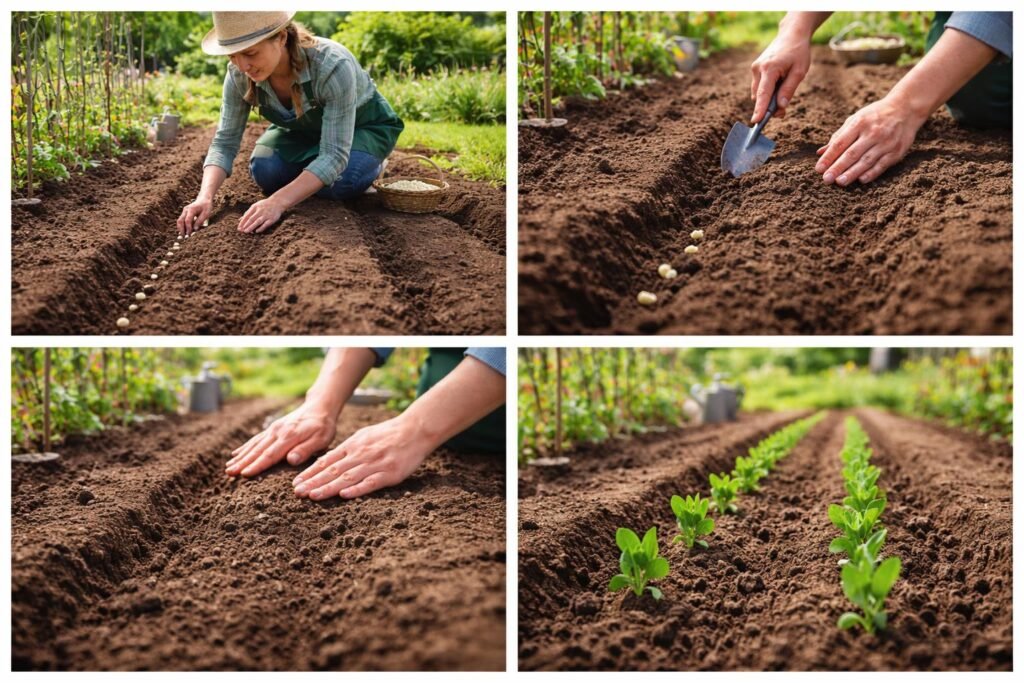 - Junge Erbsenpflanzen wachsen in einer Gartenbox im Frühjahr, frische grüne Triebe.
