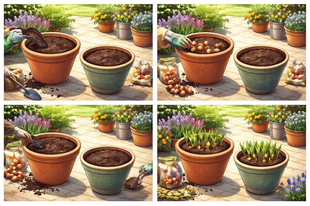 Start in die Gartensaison: Frühlingshaft bepflanzte Gefäße mit Zwiebelblumen Frühlingshafte Gefäße mit Zwiebelblumen, bunt, frisch, dekorativ, lebendig, im Garten.