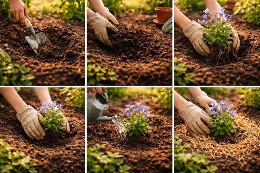 Glockenblume pflanzen: junge Pflanze, Erde, Handschuhe, Gartenwerkzeug, locker Boden im Beet