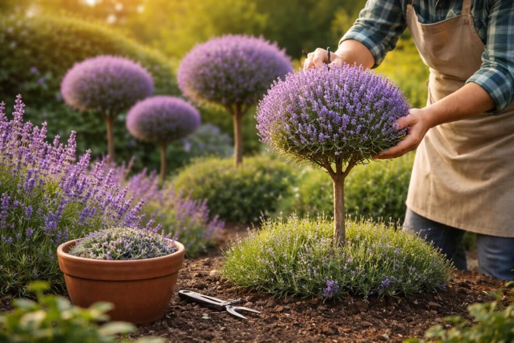 - Zweige eines Lavendel-Bäumchens werden sorgfältig geformt, Beet und Topf in Schritten.