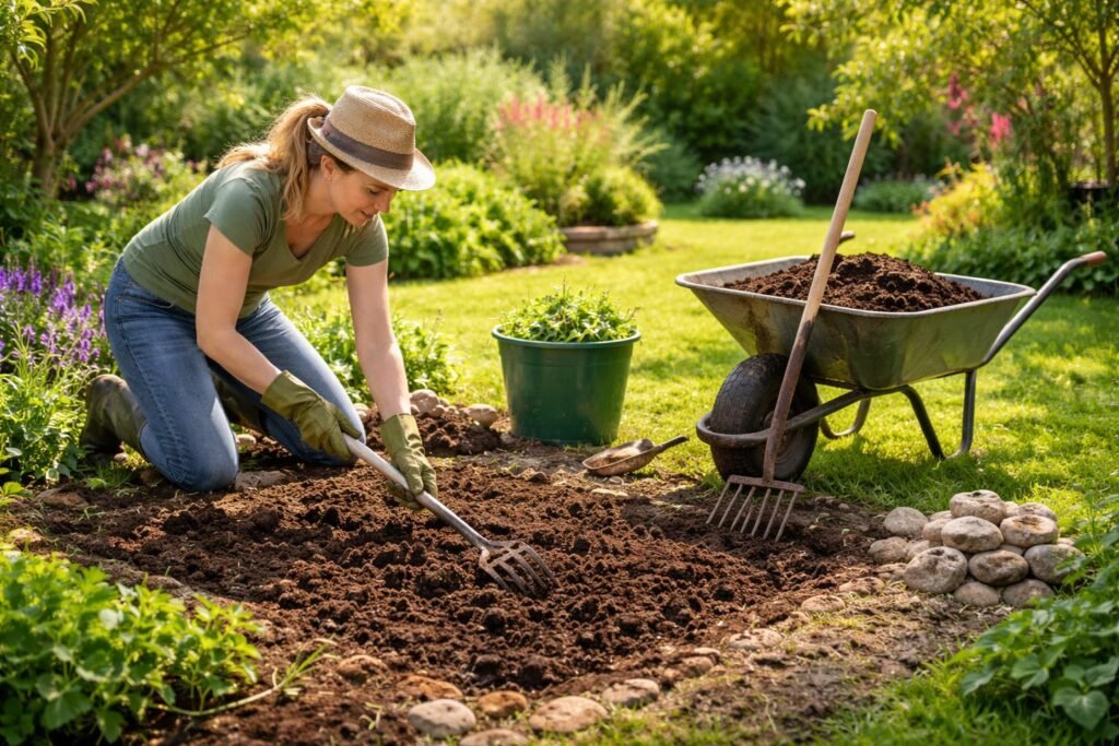 Genaue Bodenvorbereitung für Steingarten: lockern, Humus einarbeiten, Drainage sicherstellen, gleichmäßig planen.