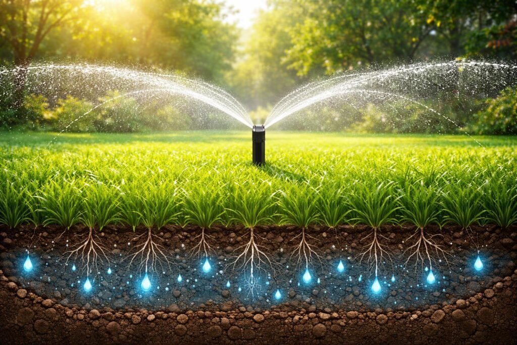 Rasenpflege im Frühjahr: Tipps für ein sattes Grün Frühlingsrasen; gleichmäßige Bewässerung; Sprinkler sprüht feine Bahnen; Gras glänzt im Frühjahr.