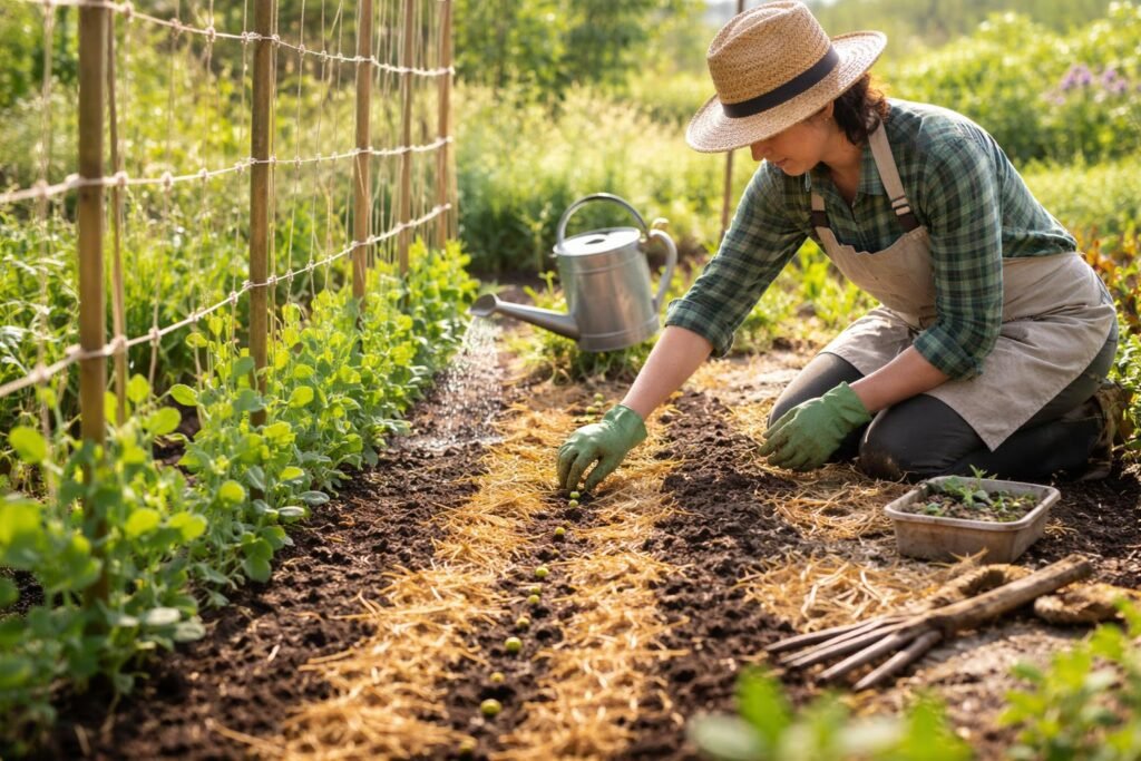 Gärtner pflanzt Frühlings-Platterbse sicher ins Beet, sorgfältig feuchte Erde, Abstand beachten.