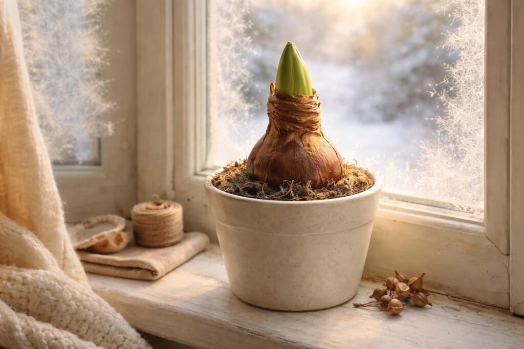 Amaryllis ruht über Winter sorgfältig gelagert, blüht im Frühjahr erneut
