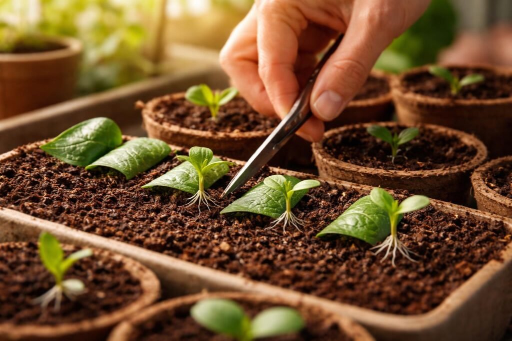Gloxinia-Blattstecklinge wachsen in Glasbehälter, grün beleuchtet, feuchte Erde, ruhige Umgebung.