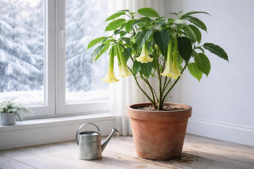Engelstrompete im Winter: sparsam gießen, kühle Umgebung, konstante Lichtverhältnisse sicherstellen