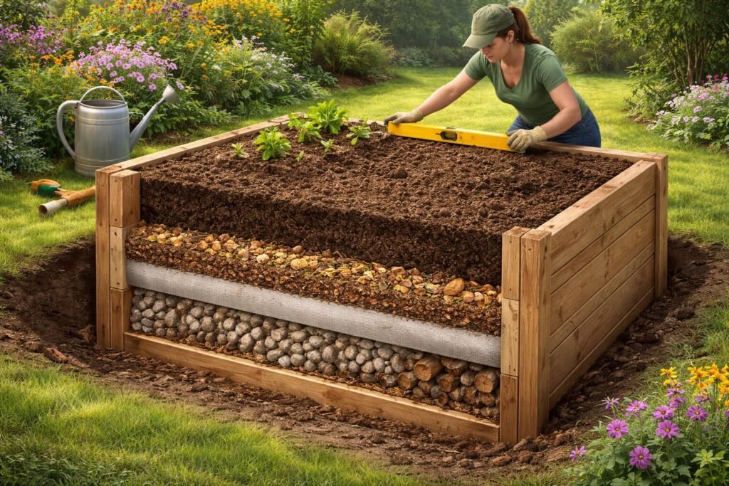 Hochbeet-Schichten zeigen richtige Befüllung, Erde sinkt, Stabilität durch Kompost und Mulch-Schichten