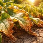 - Sonnenbrand bei Pflanzen sichtbar: trockene Blätter, helle Flecken, eingerollte Blätter.