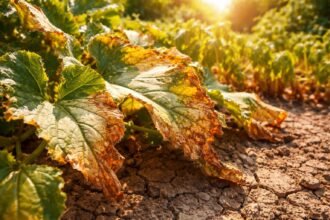 - Sonnenbrand bei Pflanzen sichtbar: trockene Blätter, helle Flecken, eingerollte Blätter.