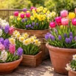 Frühlingshafte Gefäße mit bunten Zwiebelblumen auf Balkon und Terrasse bilden fröhliche Akzente im Garten.