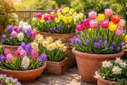 Frühlingshafte Gefäße mit bunten Zwiebelblumen auf Balkon und Terrasse bilden fröhliche Akzente im Garten.