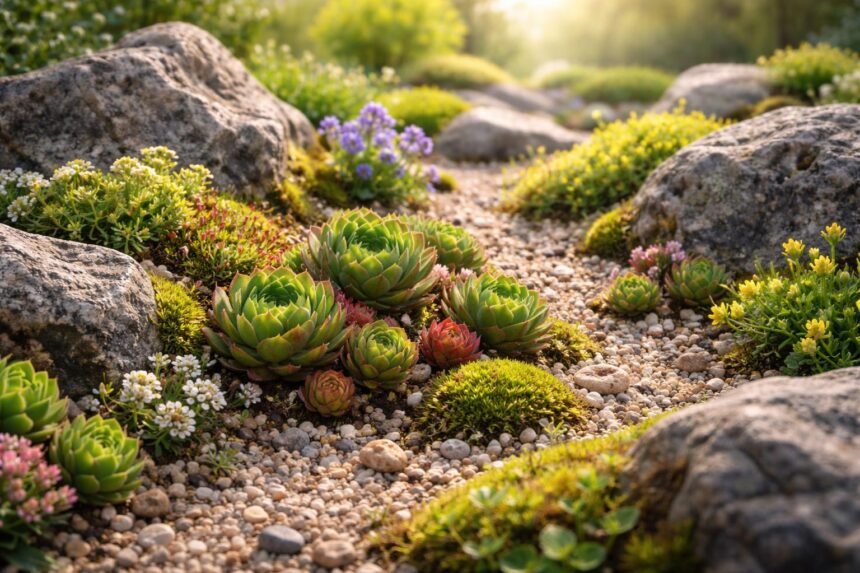 Frühjahr im Steingarten mit Polsterstauden, Sedum und frischem Boden, Mulch.
