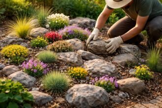 Steingarten aus Kies, robuste Pflanzenkombination, einfache Anleitung für Anfänger Schritt für Schritt