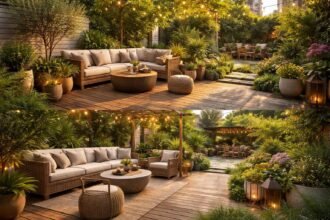 - Vielfältige Außenräume inszenieren: Materialien, Pflanzen und Licht harmonisch kombiniert, für wohnbare Ambiente.