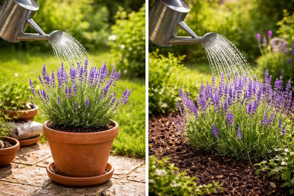 Lavendel gießen: Wann & wie viel ist nötig? Lavendel beim Gießen in Topf und Beet mit Gießkanne unter sonnigem Himmel
