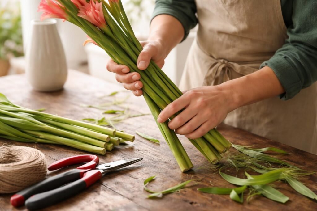 Gladiolenstiele sauber schneiden, Blätter entfernen, Länge prüfen, Werkzeuge bereitlegen und Vase vorbereiten