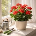 Nahaufnahme einer Kalanchoe blossfeldiana, grüne Pflanze statt Blüten, gärtnerisches Rätsel.