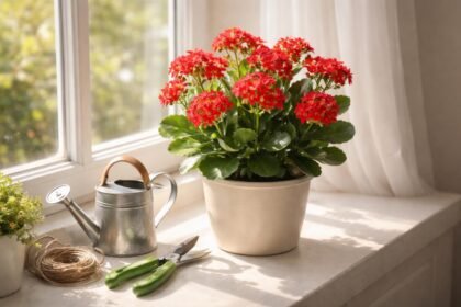 Nahaufnahme einer Kalanchoe blossfeldiana, grüne Pflanze statt Blüten, gärtnerisches Rätsel.