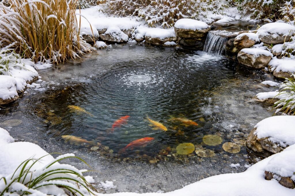 Gartenteich im Winter: Nützliche Tipps für Teichbesitzer Winterlicher Gartenteich mit frierenden Fischen unter kaltblauem Himmel und Schnee am Rand