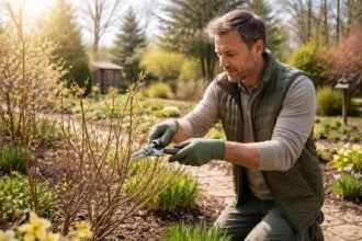 Gärtnerische Frühjahrspflege im März: Pflanzen schneiden, Strukturen formieren, Blüten fördern.