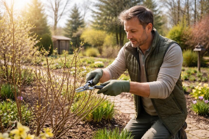 Gärtnerische Frühjahrspflege im März: Pflanzen schneiden, Strukturen formieren, Blüten fördern.
