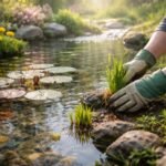 Wasserpflanzen im Frühling neu belebt, klare Teichwasser, frische Triebe sichtbar