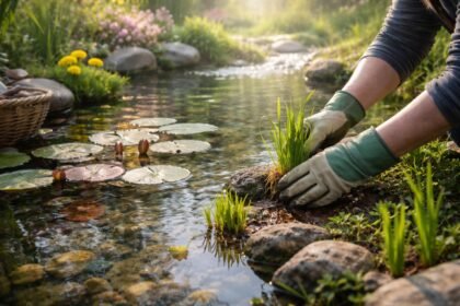 Wasserpflanzen im Frühling neu belebt, klare Teichwasser, frische Triebe sichtbar