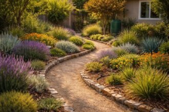 Trockenheitsresistenter Garten mit Mulch, Stauden, Regentonne, Bewässerungsplan und nachhaltig gestaltet.