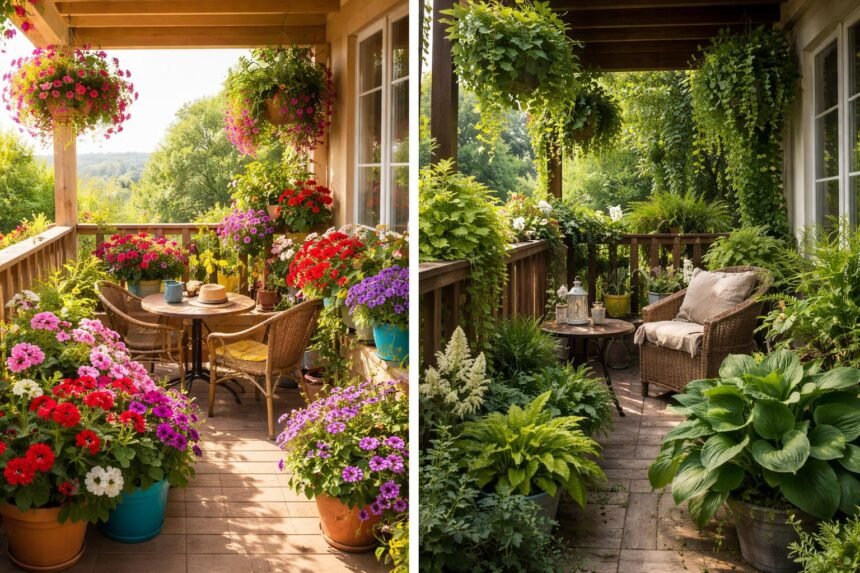Balkon mit bunten Blumen in sonnigen und schattigen Kästen, Pflanzenvielfalt sichtbar
