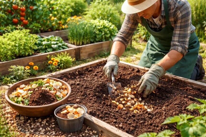 Nahaufnahme von Küchenabfällen, Tonerde, Kompost und Gießkanne im Beet als Dünger für Gemüsebeet
