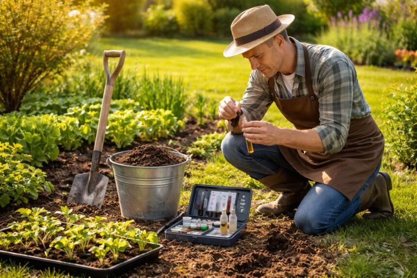 Frühlingsgärten mit frisch gedüngtem Boden, grünen Blättern und reicher Erntevorbereitung.
