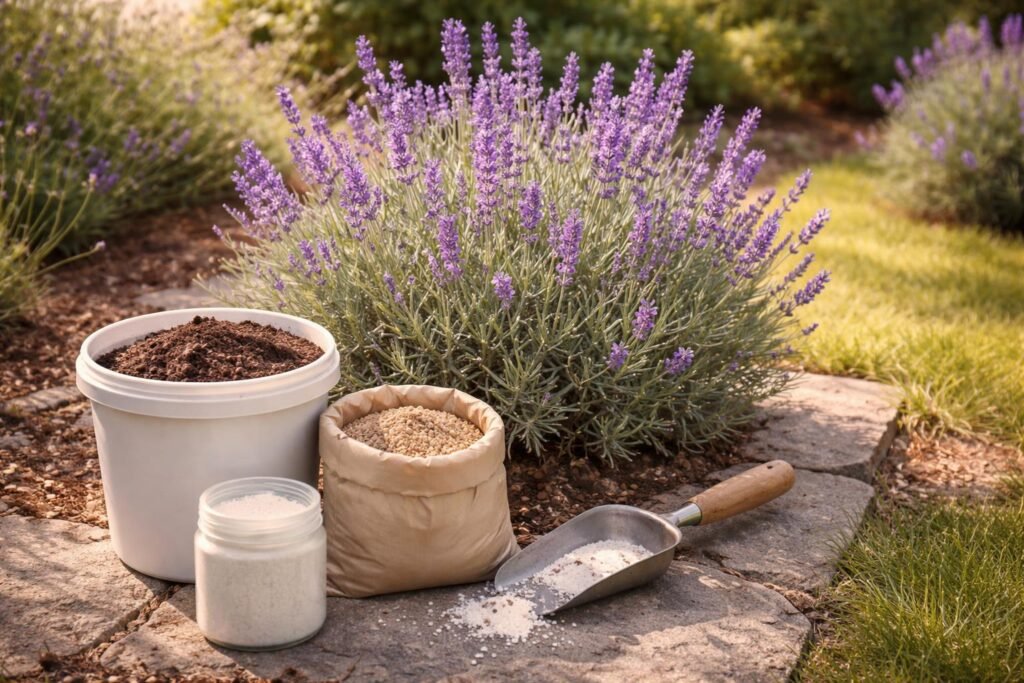 Nahaufnahme von Lavendel mit Messbecher, Düngerstreuer und Kalkgranulaten im Garten.
