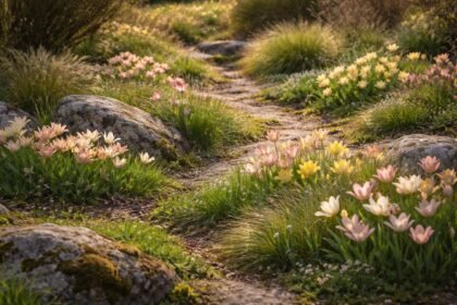 - Wildtulpen in bunter Mischung, robuste Blüten, Frühjahrsfarben im Garten, natürlich
