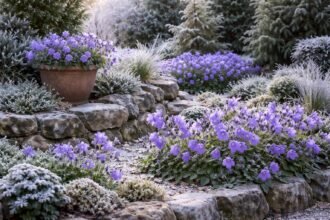 Winterliche Glockenblumen in einem Beet, leuchtende Farben trotz Frost und verschneiter Umgebung.