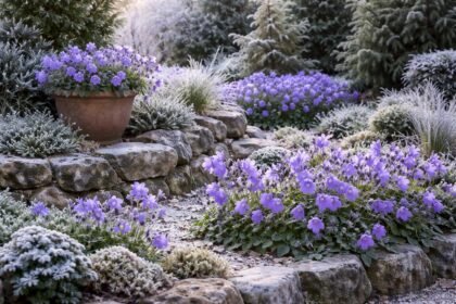 Winterliche Glockenblumen in einem Beet, leuchtende Farben trotz Frost und verschneiter Umgebung.