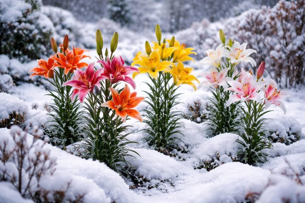 Winterharte Lilien im Schnee; kräftige Blüten; frostfest und farbintensiv sichtbar
