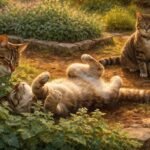 - Nahaufnahme von Katzenminze-Blättern im sonnigen Garten, neugierige Katze schnuppert und spielt mit den Duftnoten.