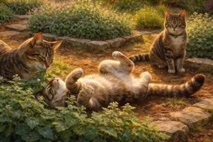 - Nahaufnahme von Katzenminze-Blättern im sonnigen Garten, neugierige Katze schnuppert und spielt mit den Duftnoten.