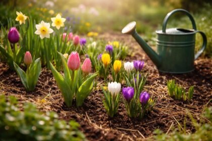 Frühjahrsbeet mit Tulpen, Narzissen, Krokussen und Dahlien, sorgfältig gepflegt und geschützt.