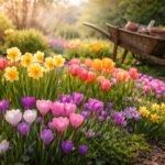 Bunte Zwiebelblumen im Frühlingsgarten verleihen dem Beet Farbe und Leichtigkeit.