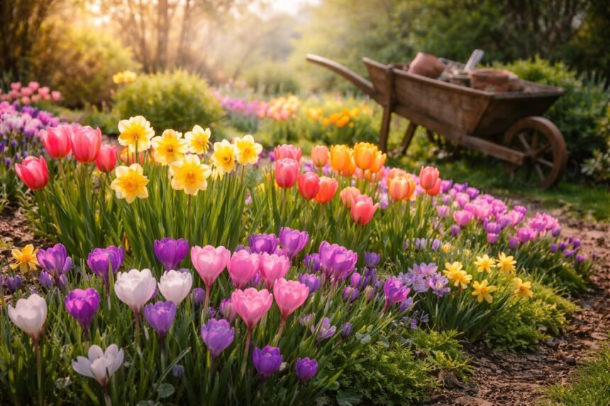 Bunte Zwiebelblumen im Frühlingsgarten verleihen dem Beet Farbe und Leichtigkeit.