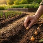 Frühlingsbeet mit Zwiebeln, große Knollen wachsen dank richtiger Pflege und sorgfältiger Vorbereitung