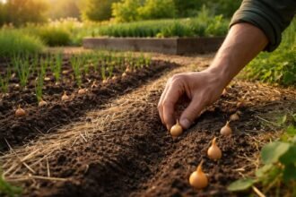 Frühlingsbeet mit Zwiebeln, große Knollen wachsen dank richtiger Pflege und sorgfältiger Vorbereitung