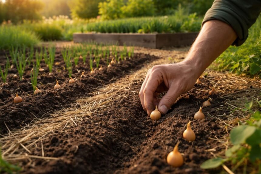 Frühlingsbeet mit Zwiebeln, große Knollen wachsen dank richtiger Pflege und sorgfältiger Vorbereitung