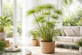 Zyperngras Palka im Porträt, schirmartige Halme, tropisch wirkendes Wohnzimmerambiente, elegant.